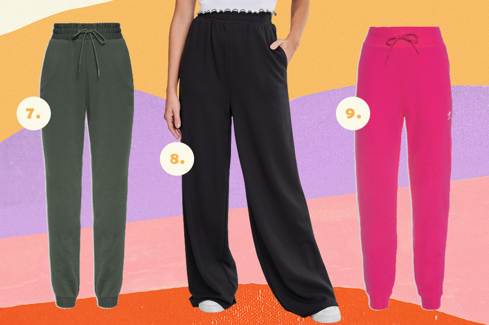 o-mundo-de-sofia-roupas-de-inverno-calça-moletom Montagem em fundo pastel amarelo, lilás, rosa e laranja com três fotos de calça de moletom. Uma verde, uma preta e uma rosa.