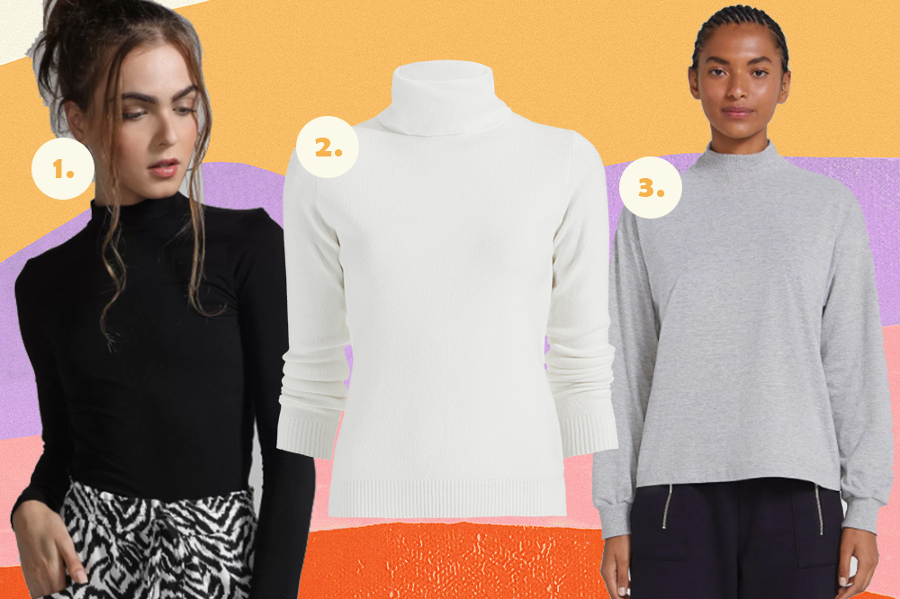 o-mundo-de-sofia-roupas-de-inverno-gola-alta Montagem em fundo pastel amarelo, lilás, rosa e laranja com três fotos de blusas de gola alta. Uma modelo usando uma em preto, uma off white ao meio e uma modelo usando uma cinza.