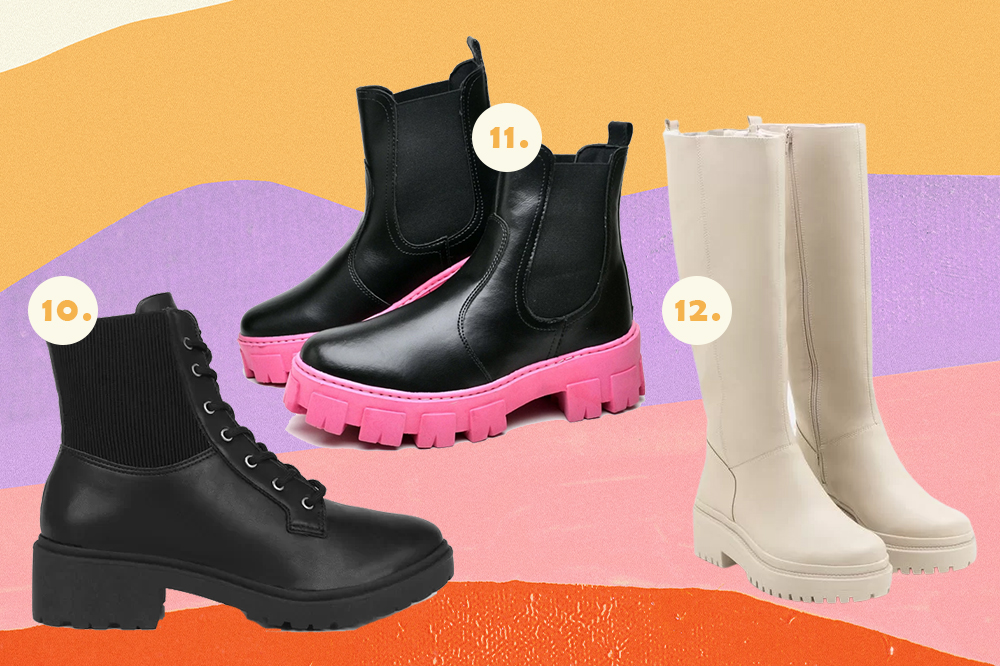 o-mundo-de-sofia-roupas-de-inverno-tendencia-botas Montagem em fundo pastel amarelo, lilás, rosa e laranja com três fotos de botas. Um coturno preto, uma bota Chelsea preta com sola tratorada rosa e uma bota de cano longo off white.