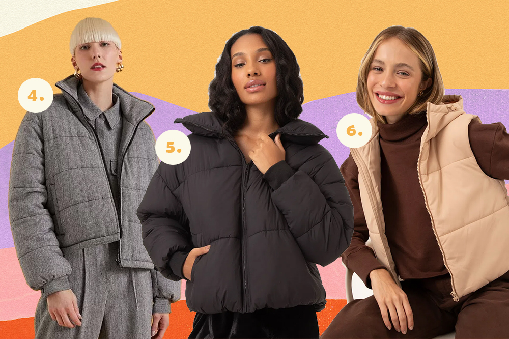 o-mundo-de-sofia-roupas-de-inverno-tendencia-puffer Montagem em fundo pastel amarelo, lilás, rosa e laranja com três fotos de modelos usando jaquetas puffer. Uma com jaqueta cinza, uma com jaqueta preta ao meio e uma com colete bege.