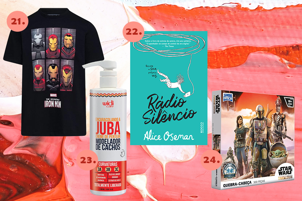 Montagem em fundo rosa e vermelho com quatro produtos. Uma camiseta do Homem de Ferro, um livro, um produto para cabelo cacheado e um quebra-cabeças do Star Wars.