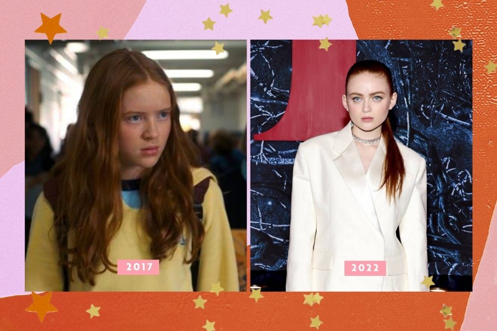 sadie sink stranger things Sadie Sink em 2017 e, atualmente, em 2022.Montagem com borda colorida com as cores laranja rosa e estrelas mostrando as diferenças na aparência do elenco de stranger things.