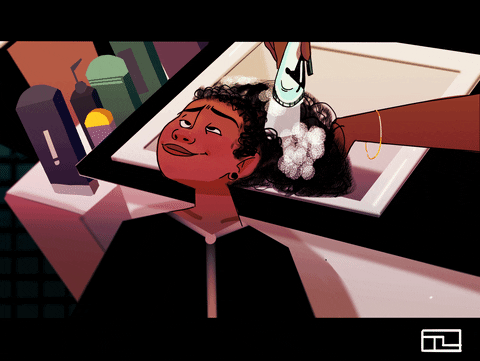 animacao-lavando-cabelo GIF animado de uma garota lavando o cabelo crespo no salão de beleza
