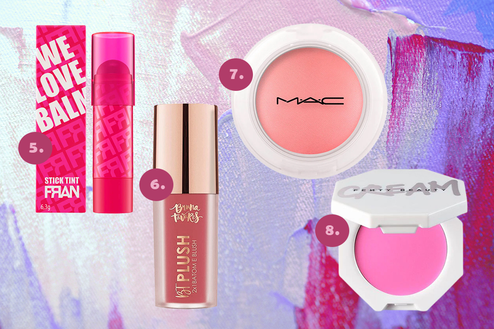 blushes-cremosos-02 Montagem em fundo rosa, lilás e roxo com quatro opções de blushes cremosos