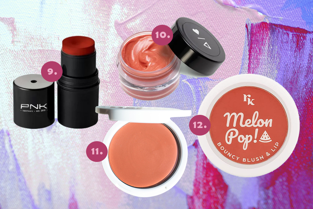 blushes-cremosos-03 Montagem em fundo rosa, lilás e roxo com quatro opções de blushes cremosos