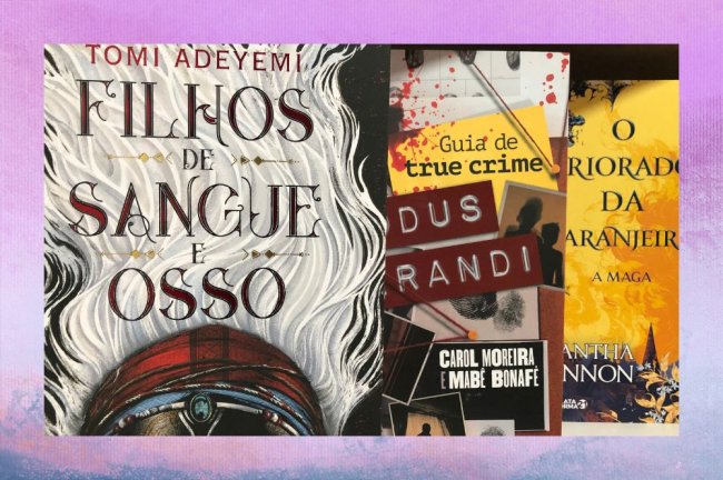 Livros na Bienal; Filhos de Sangue e Osso; Modus Operandi; O Priorado da Laranjeira; a margem é uma textura nas cores lilás, branco, azul e rosa