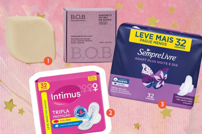 Produtos de higiene íntima para conhecer e comprar Produtos de higiene íntima como sabonete íntimo em barra e absorventes descartáveis