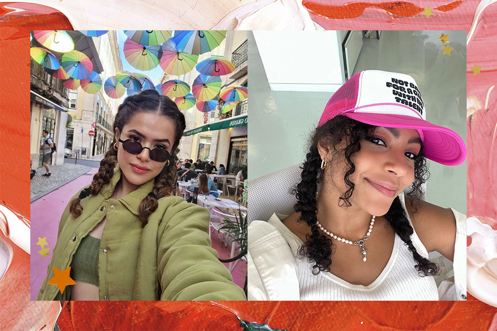 Montagem em fundo com textura de tintas nas cores vermelho, rosa, branco e verde e estrelinhas douradas espalhadas de duas fotos, uma de Maisa Silva e outra de Any Gabrielly. Ambas usam trança boxeadora!