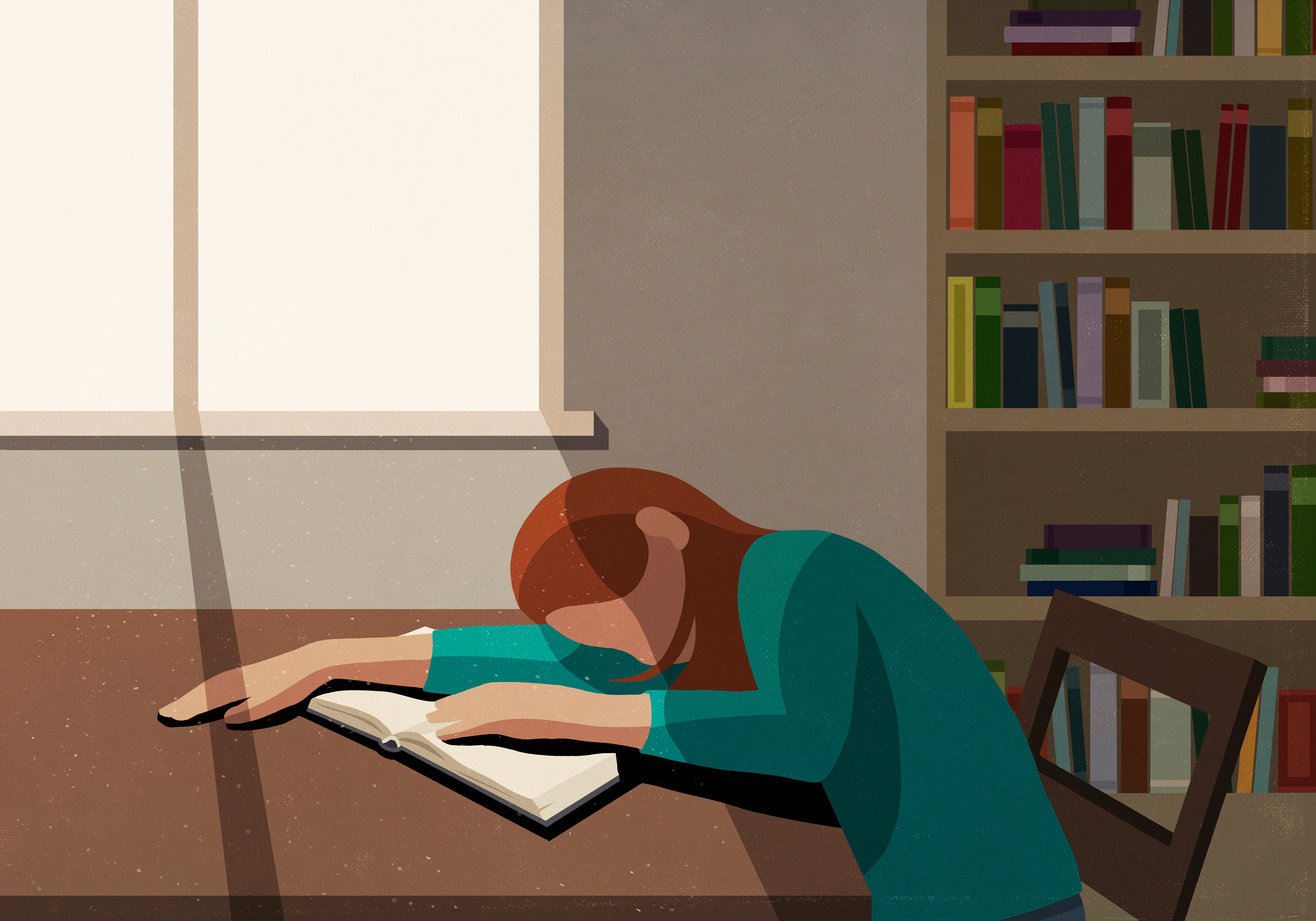 Ilustração de uma garota dormindo apoiada em uma mesa com um caderno