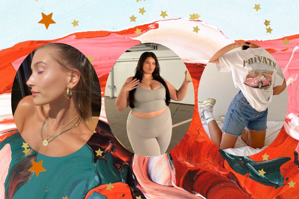 Montagem em fundo colorido com estrelinhas douradas de três fotos em molduras circulares. À esquerda, Hailey Bieber usando brinco de argola dourada. No centro, Joanna Pincerato usando conjuntinho de elastano verde. À direita, garota usando camiseta e bermuda jeans.