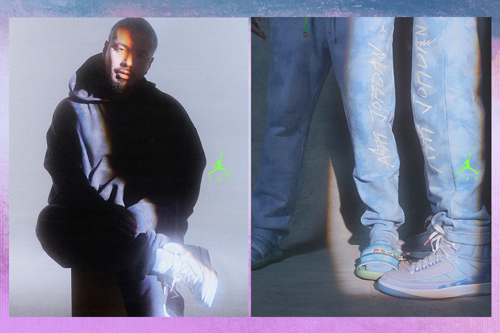 coleção-nike-j-balvin-02 Montagem em fundo lilás de duas fotos. J Balvin usando roupa preta à esquerda e foto de pernas com moletom e chinelo à direita da coleção da Nike com J Balvin