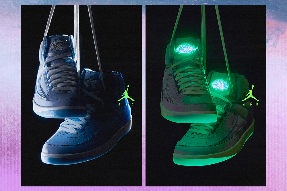 coleção-nike-j-balvin-tenis-air-jordan-2 Montagem em fundo lilás de duas fotos do tênis da coleção da Nike com J Balvin