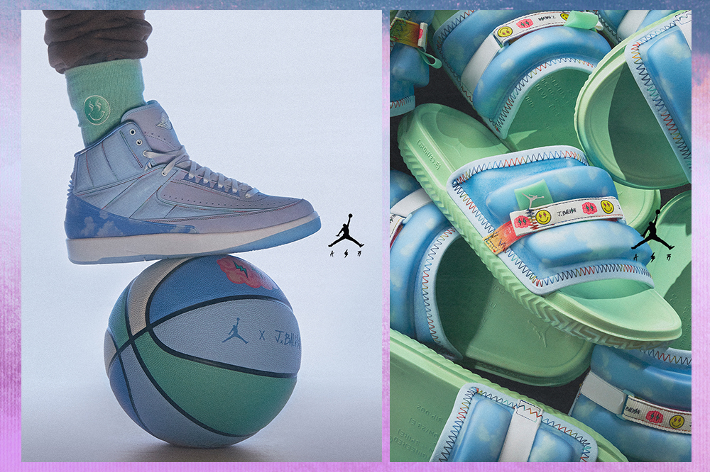 coleção-nike-j-balvin-tenis-air-jordanchinelo Montagem em fundo lilás de duas fotos do tênis e do chinelo da coleção da Nike com J Balvin