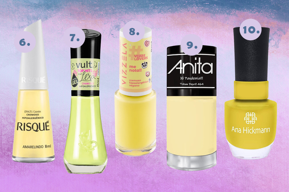 esmaltes-preferidos-selena-gomez-amarelo Montagem em fundo degradê azul e lilás com cinco opções de esmaltes amarelos