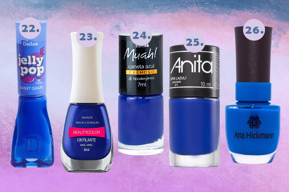 esmaltes-preferidos-selena-gomez-azul Montagem em fundo degradê azul e lilás com cinco opções de esmaltes na cor azul