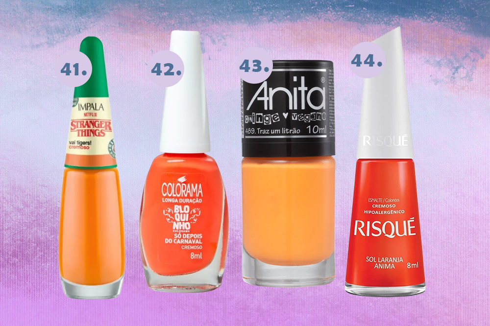 esmaltes-preferidos-selena-gomez-laranja Montagem em fundo degradê azul e lilás com quatro opções de esmaltes laranjas