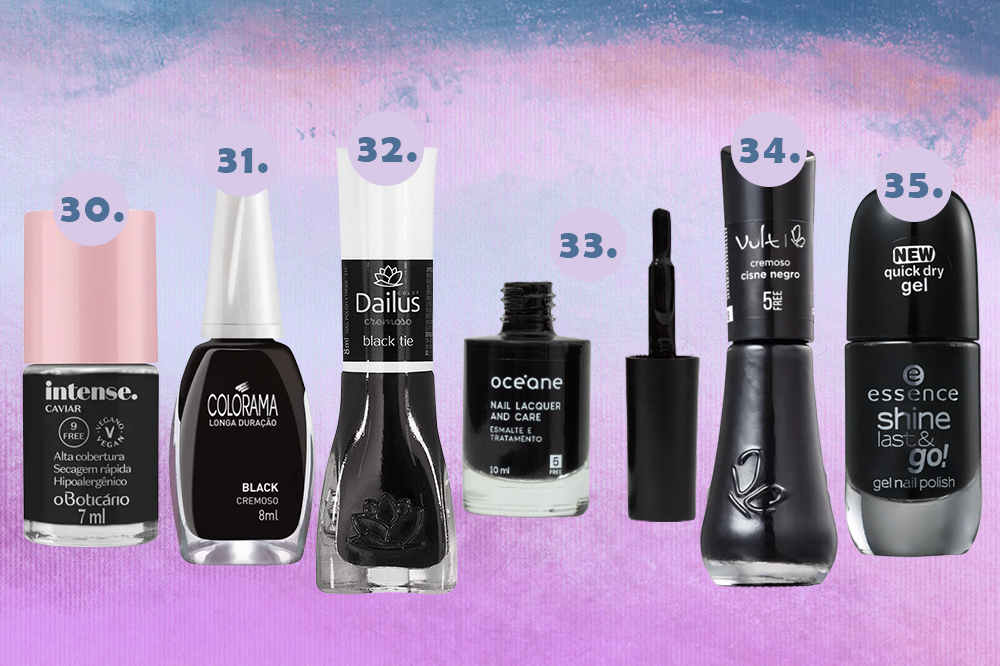 esmaltes-preferidos-selena-gomez-preto Montagem em fundo degradê azul e lilás com seis opções de esmaltes na cor preta