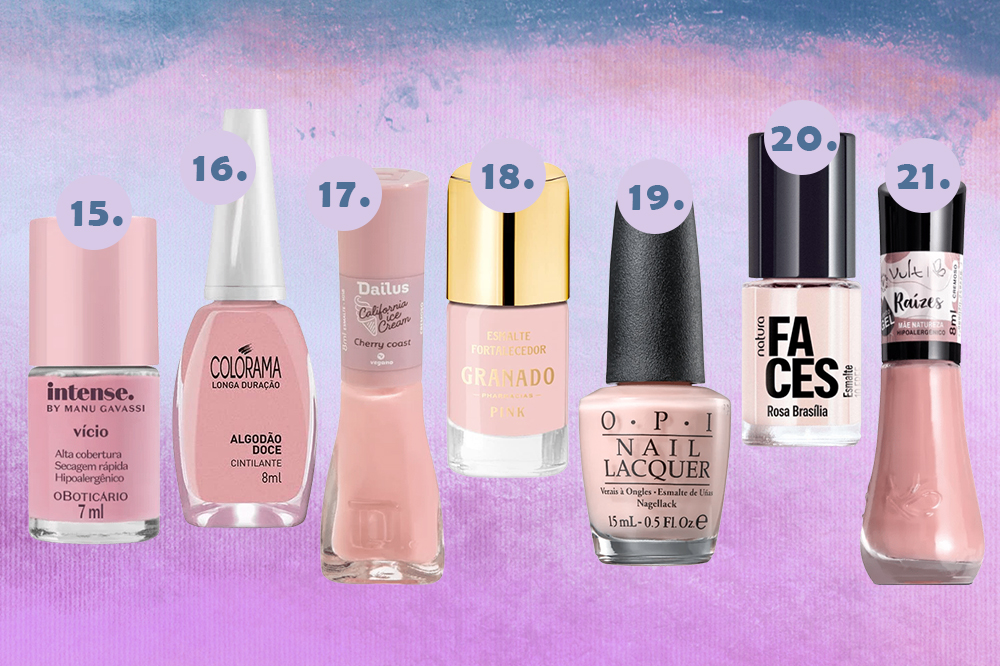 esmaltes-preferidos-selena-gomez-rosa-claro Montagem em fundo degradê azul e lilás com sete opções de esmaltes na cor rosa claro