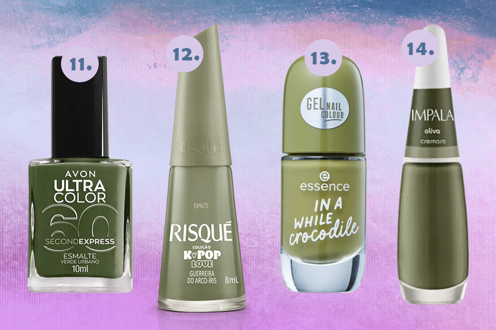 esmaltes-preferidos-selena-gomez-verde-oliva Montagem em fundo degradê azul e lilás com quatro opções de esmalte verde oliva