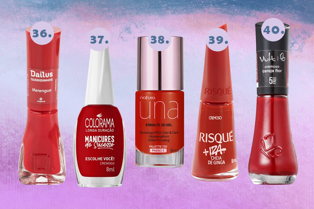 esmaltes-preferidos-selena-gomez-vermelho Montagem em fundo degradê azul e lilás com cinco opções de esmaltes vermelhos