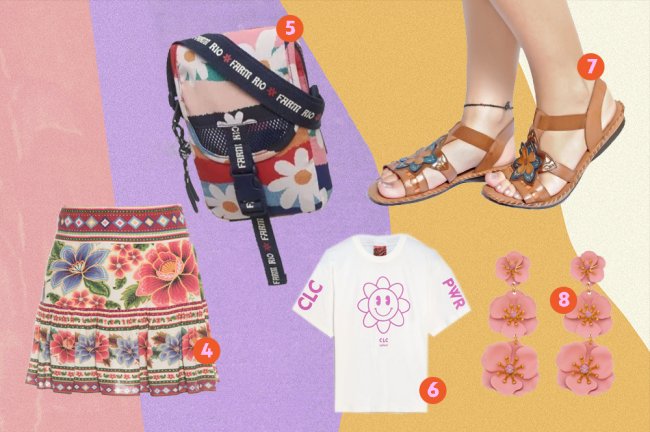 compras itens de flores primavera Monatgem com itens florais. Aperece na foto uma saia, uma bolsa tiracolo, uma camiseta, uma sandália e um brinco