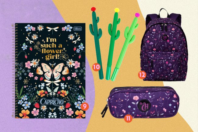 compras itens de flores primavera Monatgem com itens florais. Aperece na foto um caderno, canetas, um estojo e uma mochila