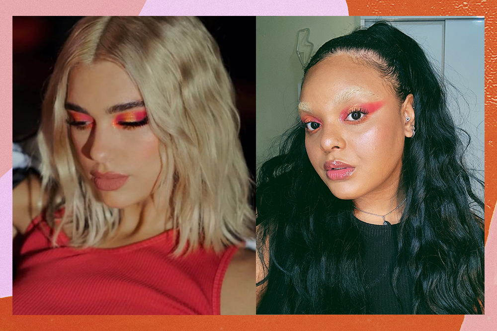 maquiagem-dua-lipa-rock-in-rio-tutorial Montagem em fundo rosa e laranja com duas fotos. À esquerda, a cantora Dua Lipa usando regata vermelha olhando pra baixo e com maquiagem com sombra laranja e vermelha nos olhos. À direita, criadora de conteúdo Jana Sodré com maquiagem parecida à da cantora.