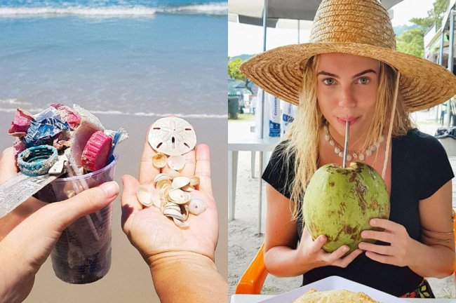 À esqueda, foto de uma mãe segurando muito lixo e de outra segurando conchas do mar. À direita, uma mulher bebe coco usando canudo de inox