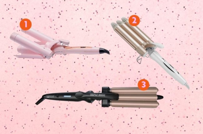 opcoes-de-triondas-cabelo Montagem com o fundo rosa com bolinhas com três opções de triondas para cabelo no centro.