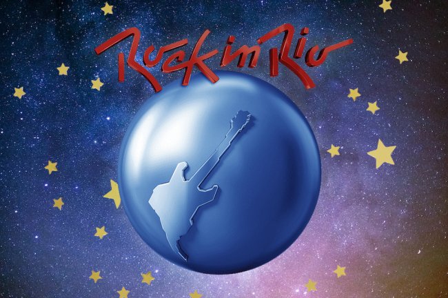 Logo do Rock in Rio sobre um fundo de galáxia azul e roxo