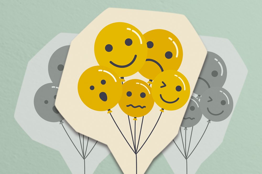 Ilustração de várias bexigas amarelas, cada uma com uma carinha representando uma emoção