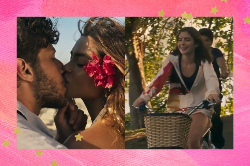 Homem e mulher se beijando; menina em bicicleta