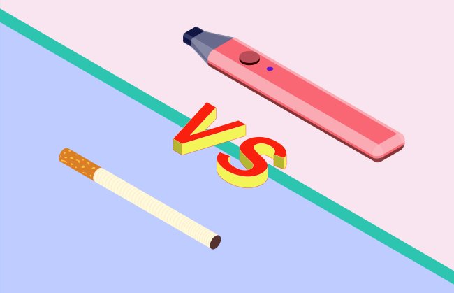 Cigarros eletrônicos: nova modinha entre jovens é lobo em pele de cordeiro Ilustração mostrando um cigarro convencional vs um cigarro eletrônico