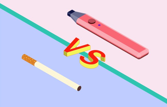 Ilustração mostrando um cigarro convencional vs um cigarro eletrônico