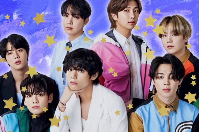 Montagem do grupo BTS sobre um fundo azul estrelado