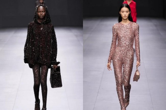 desfile-primavera-verao-2023-valentino Montagem com dois looks com brilhos do desfile de primavera/verão 2023 da Valentino