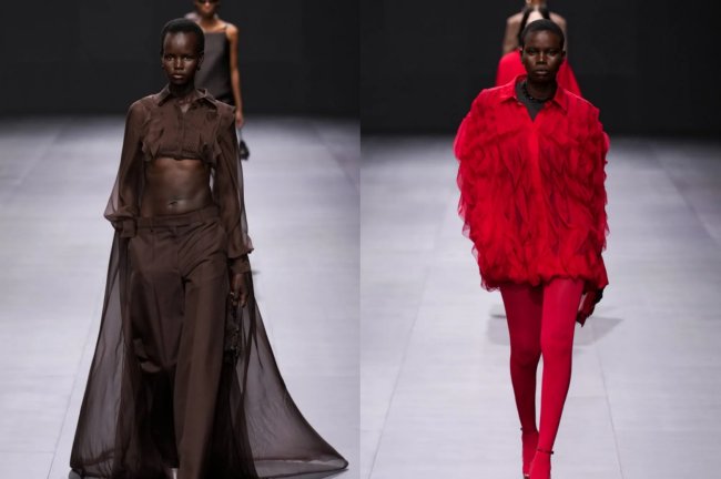 desfile-2023-primavera-verao-valentino Montagem com dois looks do desfile de primavera/verão 2023 da Valentino