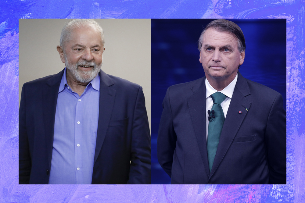 Montagem com fotos de Lula e Bolsonaro. Amabos de terno.