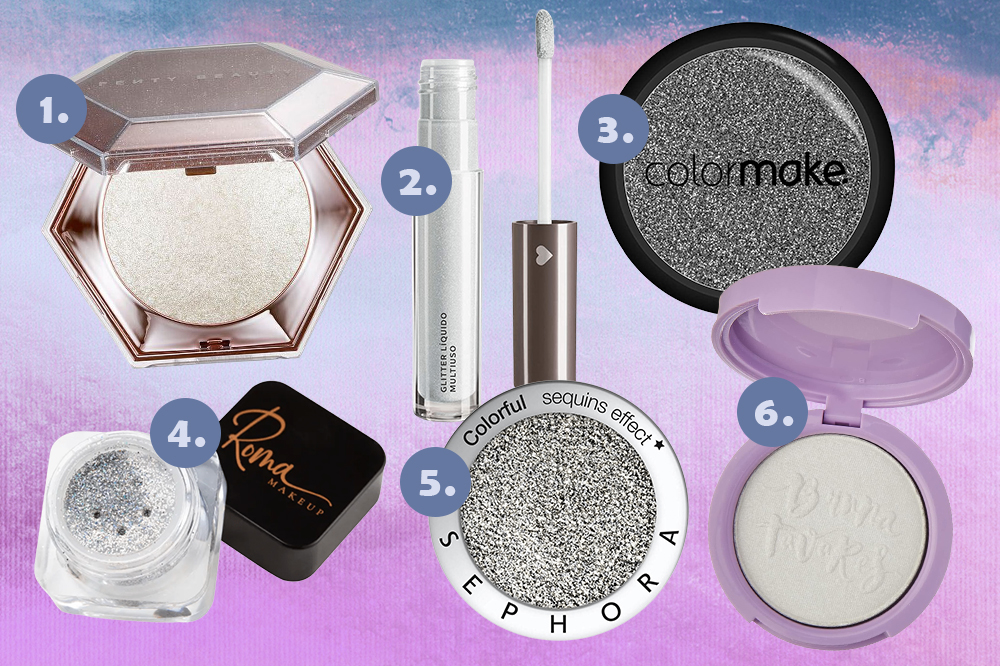 pele-de-vampiro-tendencia-halloween-tiktok-glitter Montagem em fundo lilás e azul com seis produtos de glitter com fundo prata