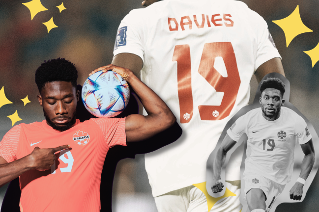 Montagem com fotos de Alphonso Davies, da seleção canadense. Ele é um homem negro de 22 anos