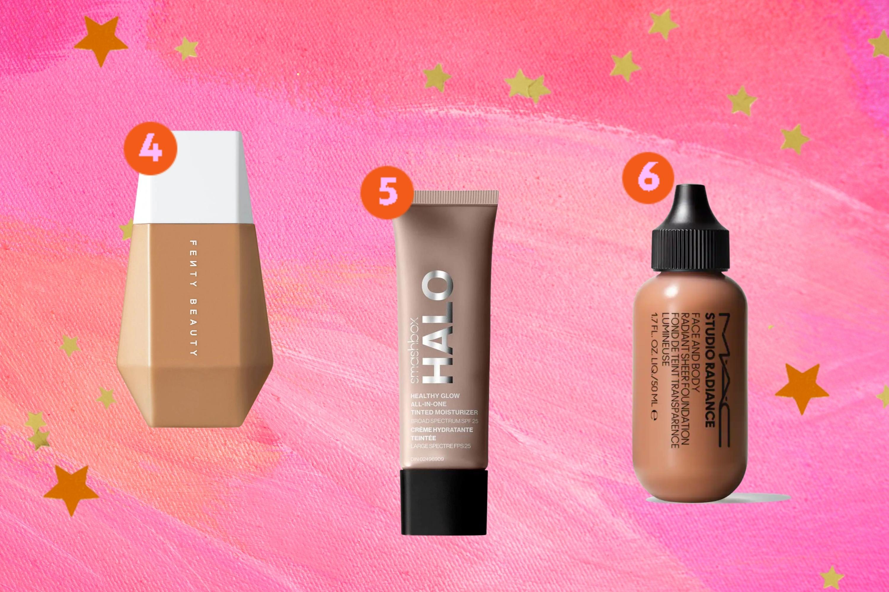 opcoes-de-skin-tints Montagem com o fundo rosa com estrelas douradas com a foto de três opções do produto de beleza skin tint no centro.