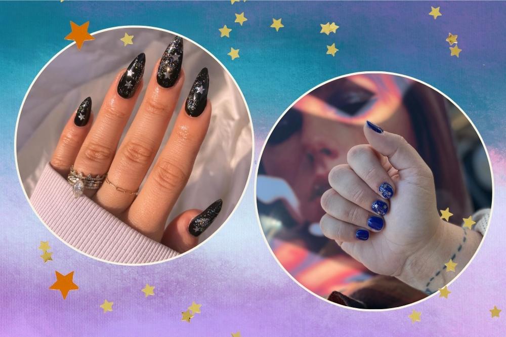 Montagem em fundo degradê azul e lilás com duas fotos em molduras circulares de unhas mostrando nail arts inspiradas no álbum Midnights, da Taylor Swift