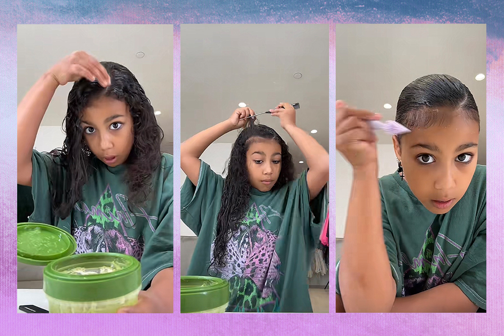 Montagem em fundo degradê azul e lilás com três capturas de tela de vídeo em que North West está fazendo penteado no cabelo