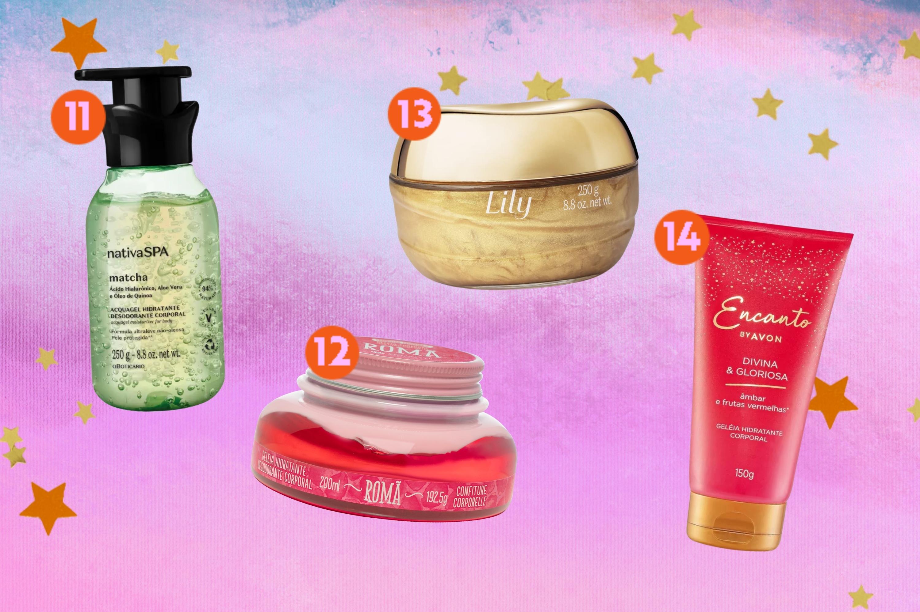 opcoes-de-geis-hidratantes-corporais Montagem com o fundo colorido em tons de lilás e rosa com quatro opções de hidratantes corporais em gel