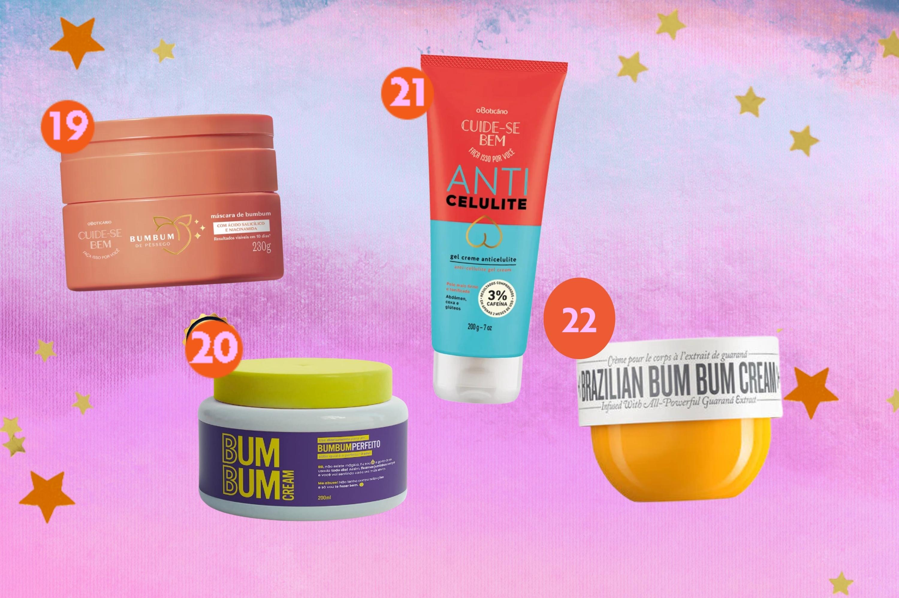 opcoes-de-hidratantes-corporais-para-o-bumbum Montagem com o fundo degrade em tons de lilás e rosa com quatro opções de hidratantes para o bumbum