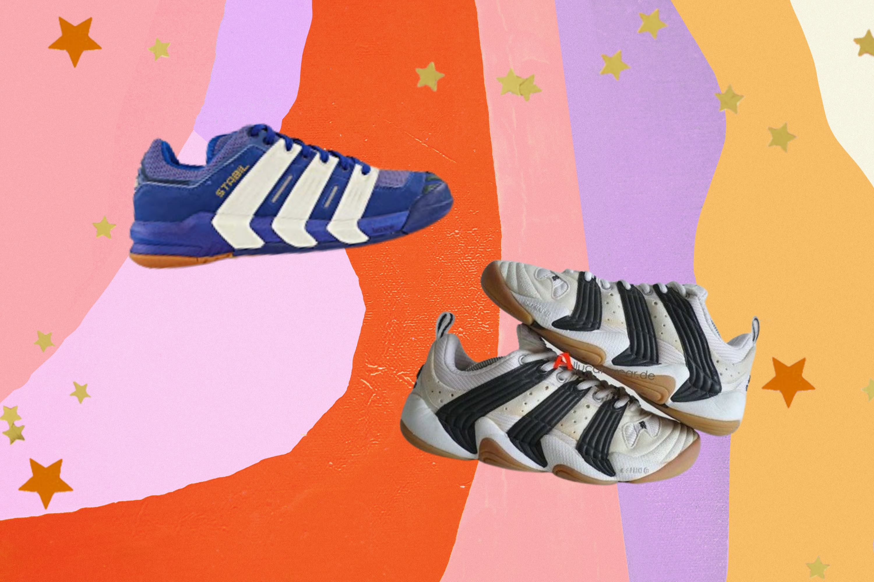 tenis-adidas-stabil-anos-2000 Montagem com o fundo colorido e detalhe de estrelas nas bordas com a foto de dois tênis no centro do modelo Adidas Stabil anos 2000.