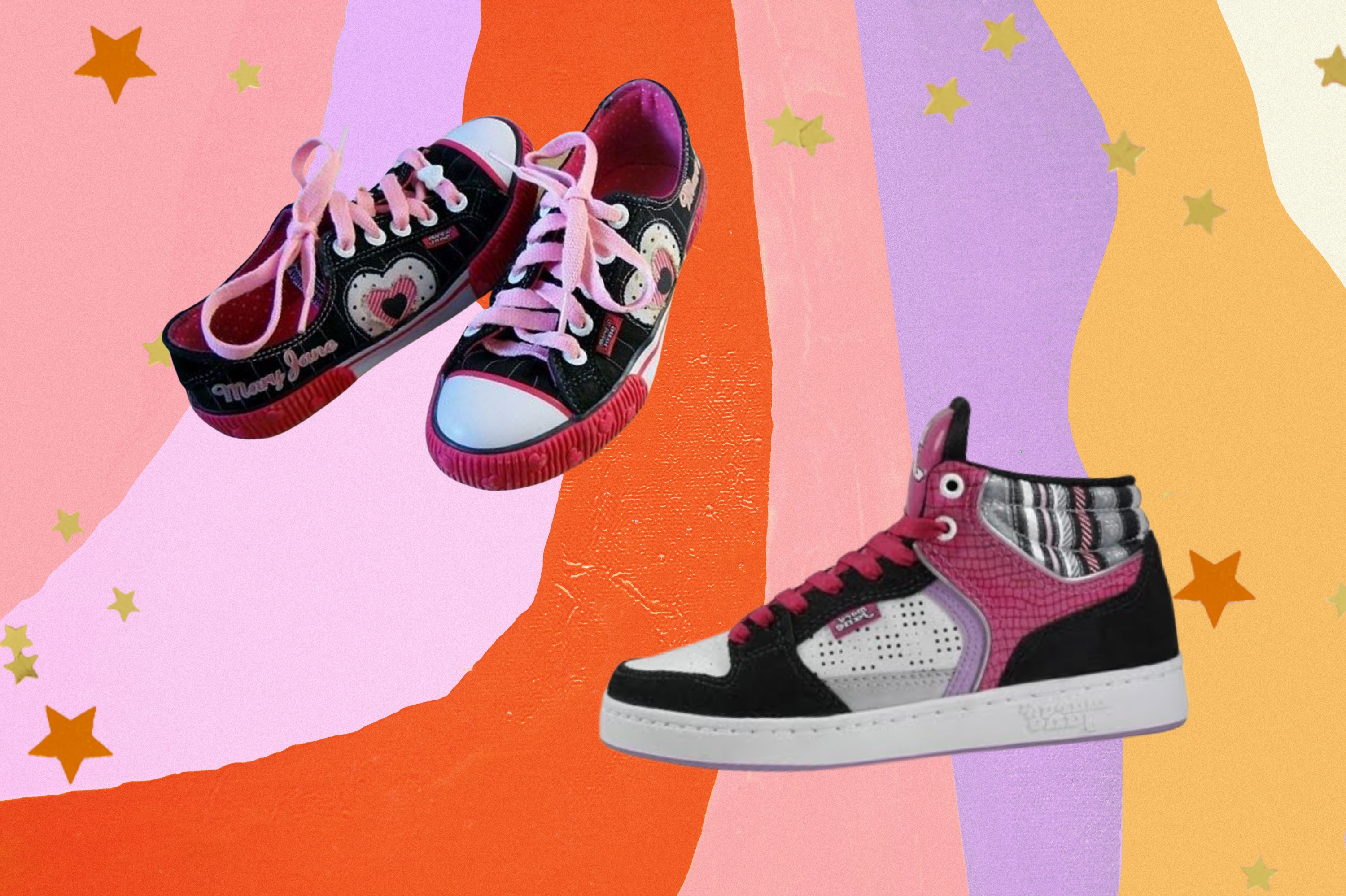 tenis-mary-jane-anos-2000 Montagem com o fundo colorido com detalhe de estrelas nas bordas com a foto de dois tênis que eram tendência nos anos 2000 da marca Mary Jane.
