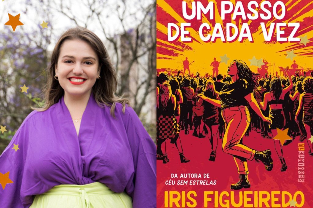 Montagem com a foto da autora Iris Figueiredo e foto da capa de seu novo livro Um Passo de Cada vez com detalhe de estrelas nas bordas.