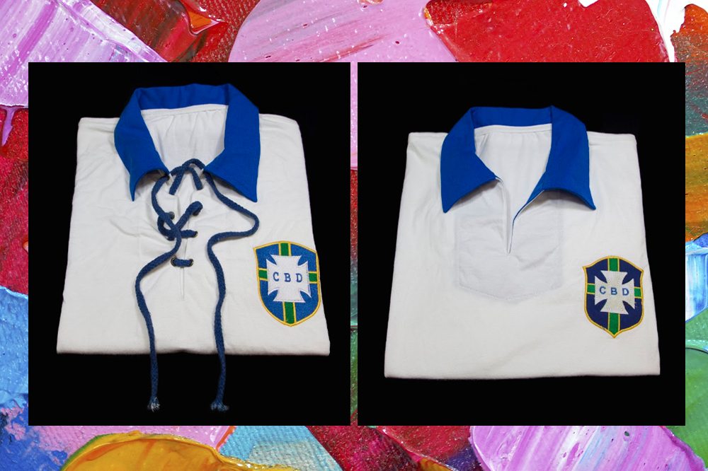 camisas-seleção-brasileira-copa-do-mundo-museu-do-futebol Camisas usadas pela seleção brasileira de futebol nas Copas do Mundo de 1930 e 1950, respectivamente