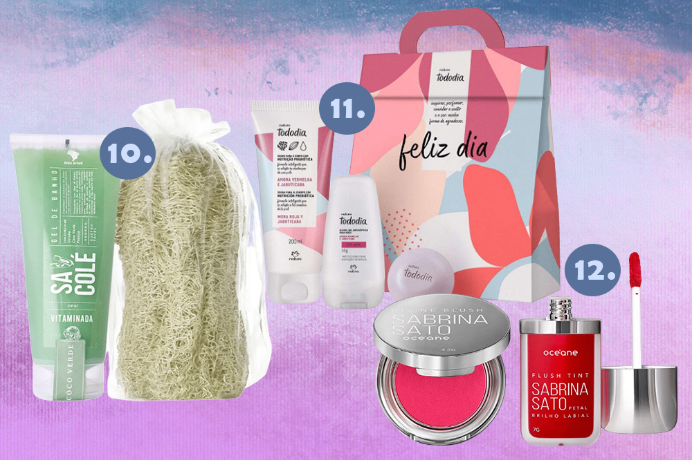 kits-de-beleza-natal-04 Montagem em fundo degradê azul e lilás com três sugestões de kits com produtos de beleza para dar de presente no Natal